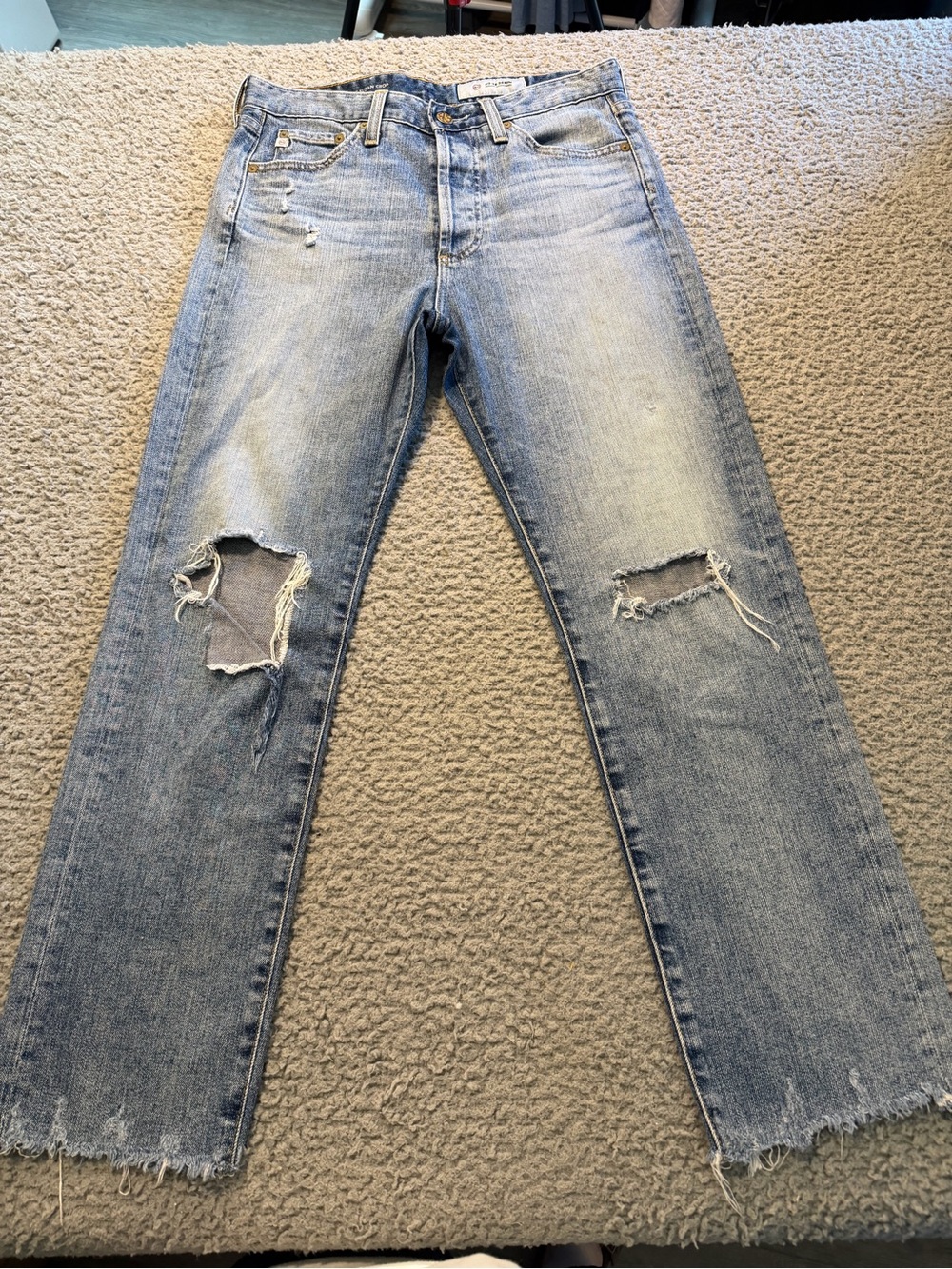 Ag Adriano Goldschmied Light Blue Distressed Straight Jeans